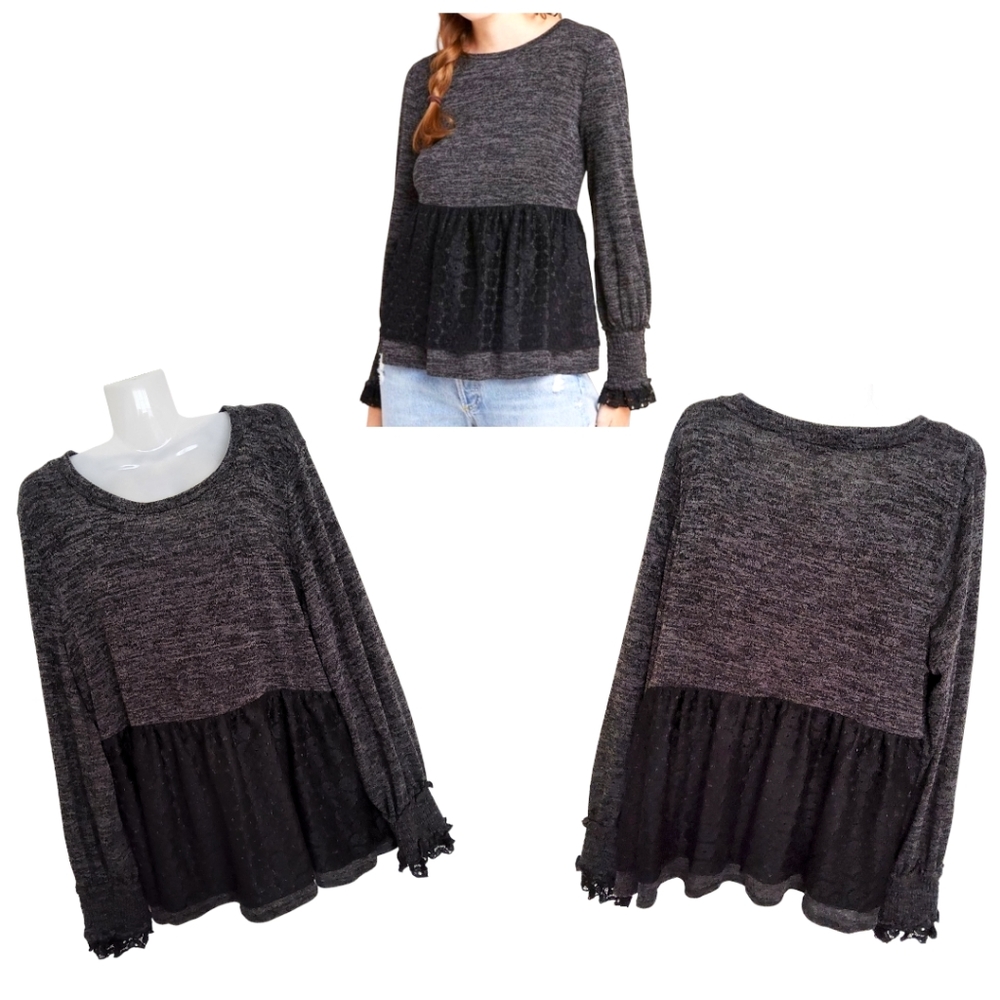 ANTHROPOLOGIE RO+DE Black/Gray Amirah Lace Long Smocked Cuff Sleeve Top XL - Picture 6 of 16